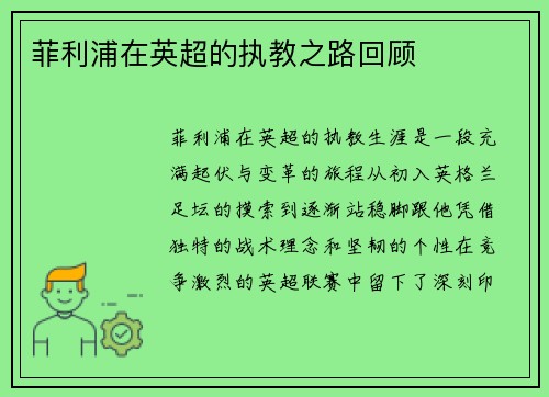 菲利浦在英超的执教之路回顾