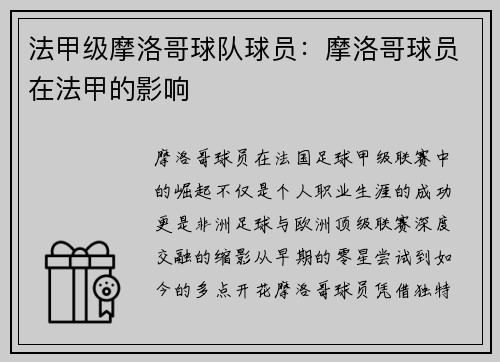 法甲级摩洛哥球队球员：摩洛哥球员在法甲的影响