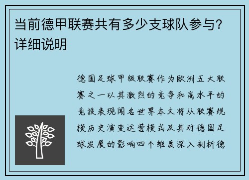 当前德甲联赛共有多少支球队参与？详细说明